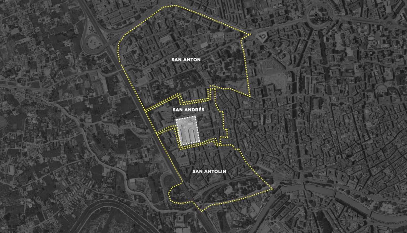 Mapa del ámbito de Espacio Estación: los barrios de San Andrés, San Antolín y San Antón y la parcela de la estación de autobuses